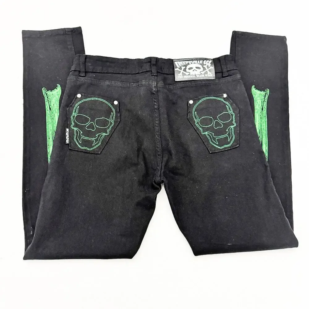 Kreepsville 66 Skeleton Printed Graphic Pocket Green Stitched Denim Jean Size 36